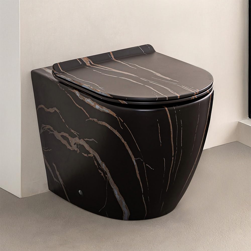 WC Filomuro Rimless In Ceramica Con Effetto Marmorizzato Nero Linea Tokyo, L 36 x P 56 x H 41 Cm, Completo Di Sedile Soft-Close