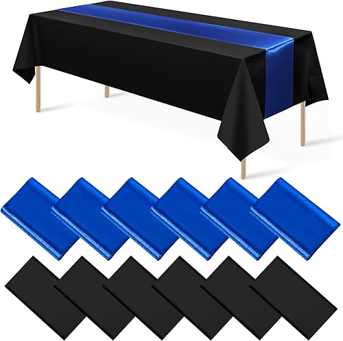 Juego de 12 manteles de satén de 12 x 108 pulgadas y manteles de plástico de 54 x 108 pulgadas, manteles rectangulares desechables en negro y azul