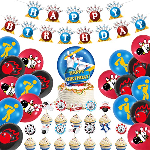 Bowling Theme Party Supplies Set Including Bowling Happy Birthday Banner, Bowling Cake & Cupcake Toppers, Bowling Balloons, Bowling Party Decorations For Kids Adults Teens #TOP2