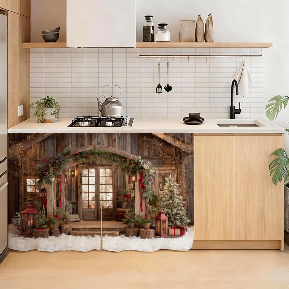 Self Adhesive Cabinet Curtain for Mother's Day, 39x28 Inch Rustic Wood Cabin Under Sink Skirt No Drill, Spring Cleaning Kitchen Decor, Hook and Loop Laundry Shelf Valance, Fabric Panel
