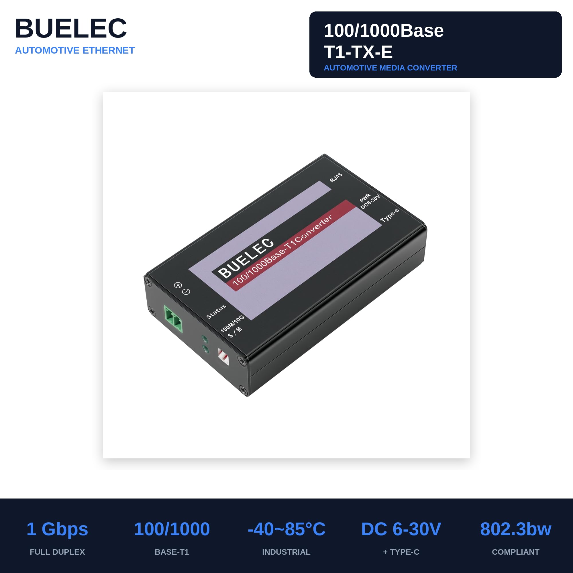 100/1000Base-T1-TX-E Automotive Ethernet Medienkonverter – 1 Gbit/s T1 auf RJ45 Adapter, Marvell 88Q2112 + RTL8211FI, Terminalblock + TE MATEnet/HMTD Adapter, Typ-C/DC Power