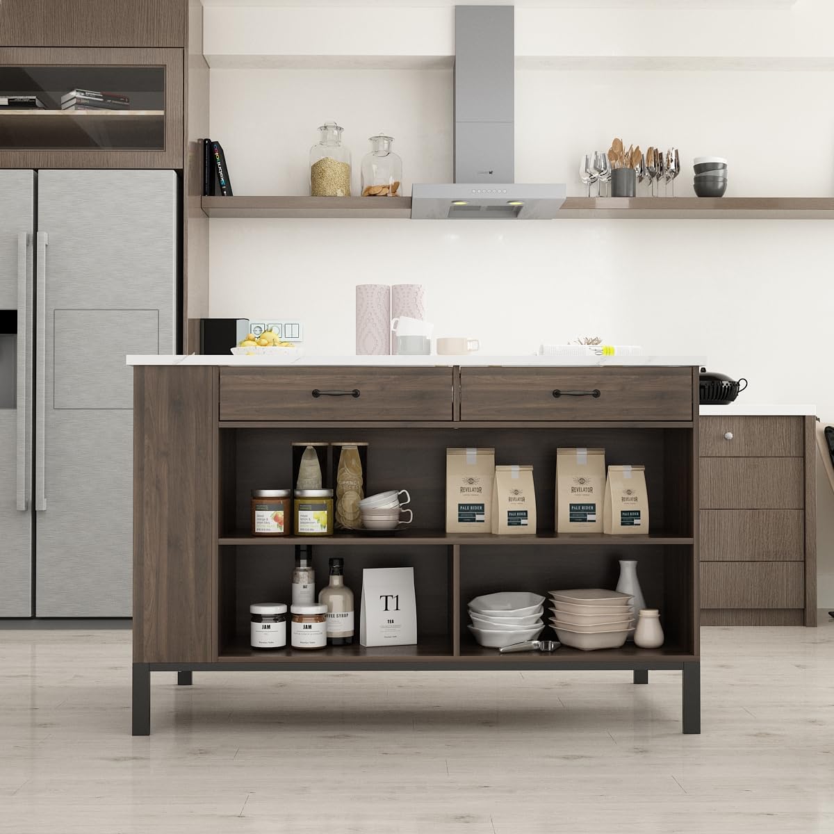 Isla de cocina con 2 cajones y 6 estantes, losa de mármol, 75 x 140 x 92 cm, marrón oscuro y blanco