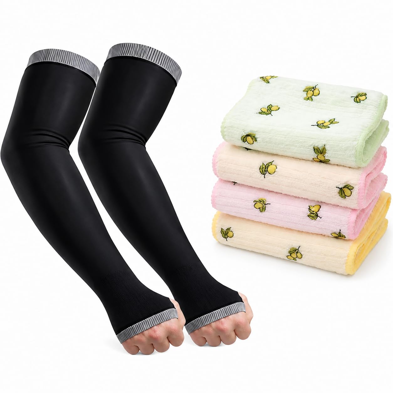 Ladies Microfiber Handkerchief and Arm Sleeve Combo, Cotton, Floral Print, UV Sun Protection, Sweat Absorbent, 4 Hankies with 1 Pair Sleeves-image-5