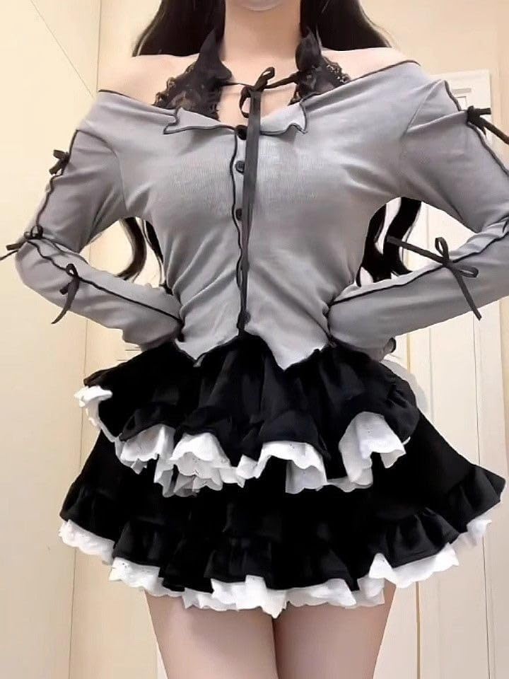 HAIRUO Lolita Tiered Mini Skirt,Women Black White Skorts,Layered Ruffle Cute Mini Kawaii Skirts for Women/Teen Girls - Image 3