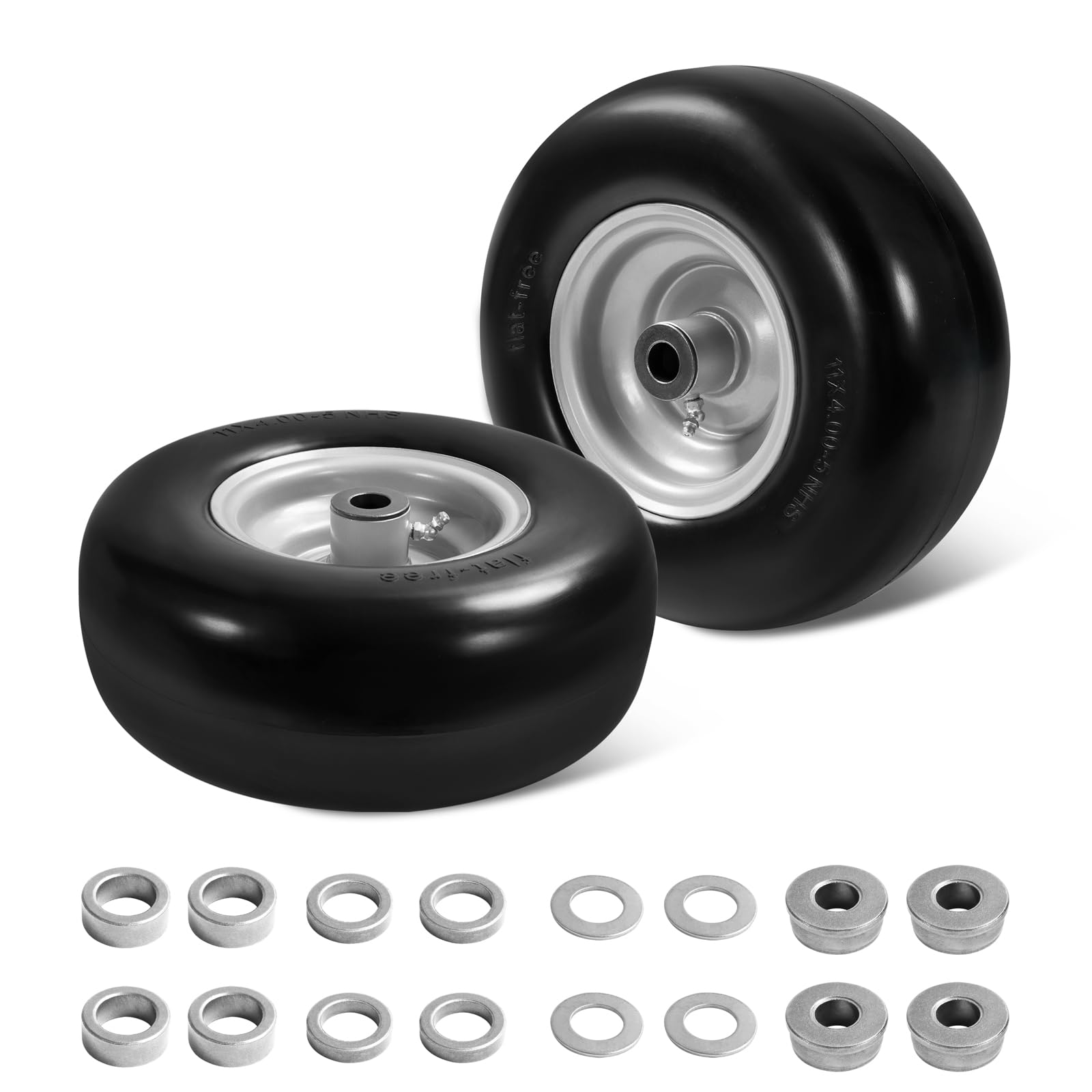11x4.00-5" Flat Free Zero Turn Lawn Mower Tire on Wheel with Bushing 3/4" or 5/8",Centered Hub 3.4" -4" -4.5" -5" for Most Zero-Turn Lawn Mowers and Garden Tractors(2 PACK)