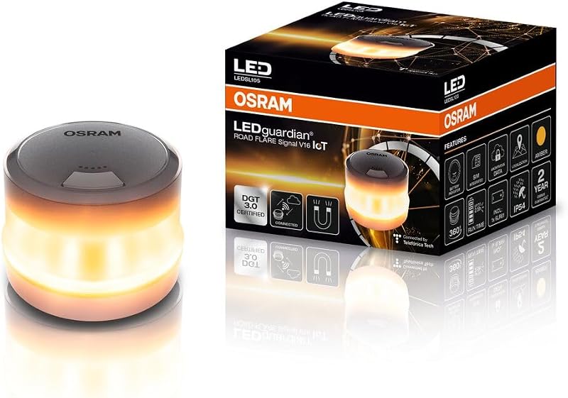 OSRAM LEDguardian Road Flare Signal V16 IoT, luz de Advertencia LED certificada DGT 3.0, Uso obligatorio en España, 1900K, localización en Tiempo Real