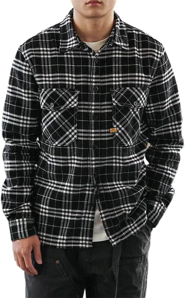 Men' Heavy Cotton Padded Shirt Long Sleeve Plaid Simple Casual Coat American Frock in Autumn