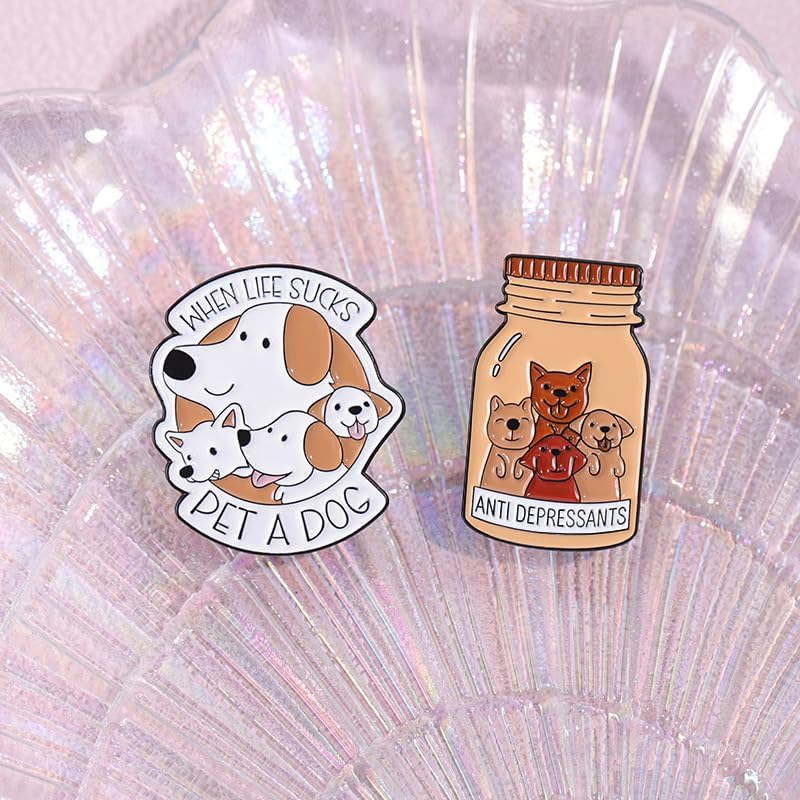 Anti Depressants Is Pet A Dog Enamel Lapel Pin Cartoon Medicine Bottle Metal Badge Brooch Pet Dog Series Fun English Letter Cartoon Brooch Accessories