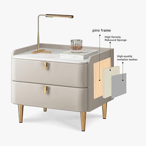 Miniatura 6 de WOLWES Mesita de noche, mesa auxiliar con almacenamiento, mesita de noche de madera maciza con 2 cajones, parte superior de mármol sintético, para