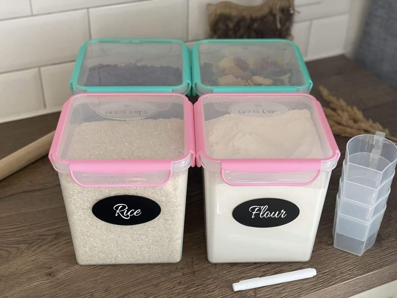 4 Large Airtight Food Storage Containers for Flour, Sugar 142oz - Kitchen Pantry Plastic Containers - Air Tight Canisters Set With Locking Lids - 8 Labels, Marker and 4 Measuring Cups(Pink,Aquamarine)