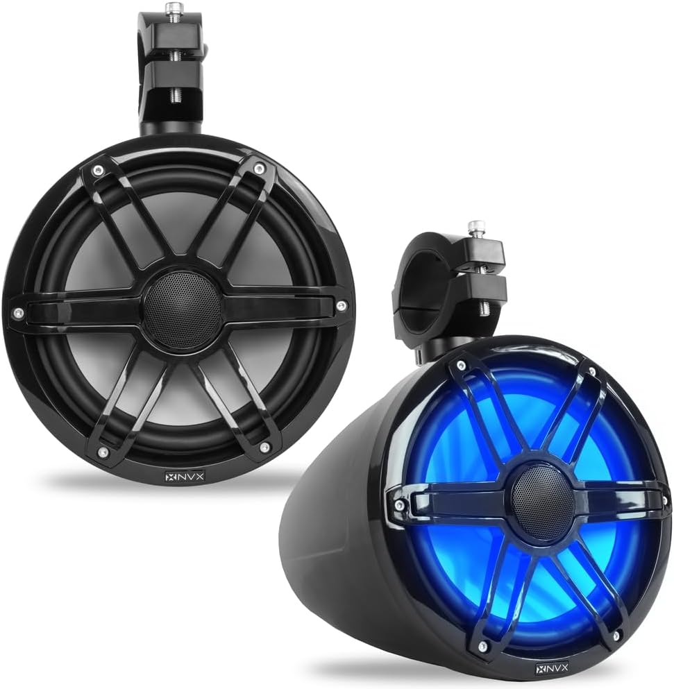 NVX MVTSP8B (Pair) - 750W Peak (250W RMS) 8" V-Series 2-Way Marine Tower Speakers with LED Lighting & 359° Swiveling Clamps - Sport Black