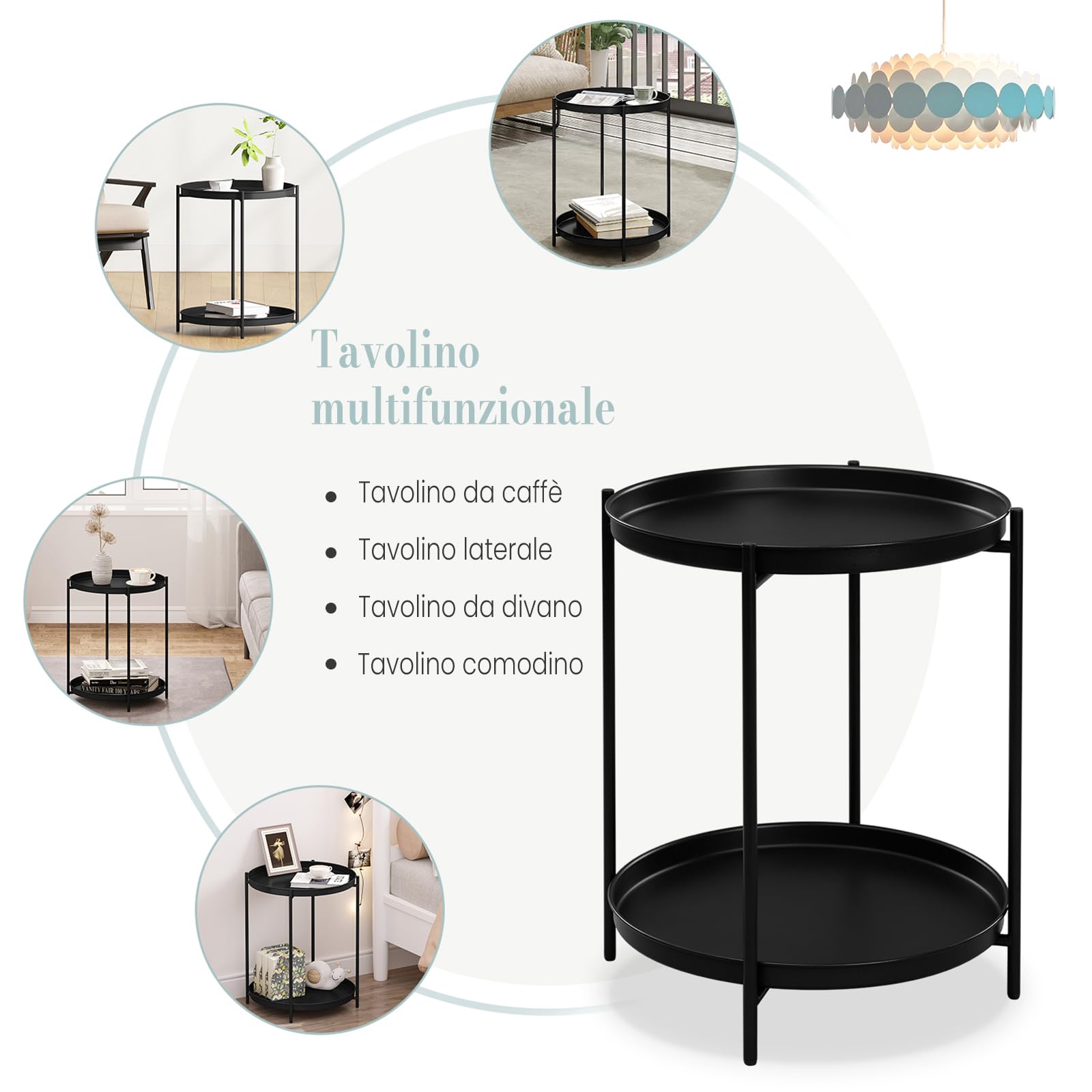 WOLTU Tavolino Salotto Rotondo, Tavolino da Divano con 2 Ripiani Rimovibili, Tavolino Basso, Comodino, Tavolino Laterale per Soggiorno, Camera da Letto, in Metallo, Nero, BTS17sz