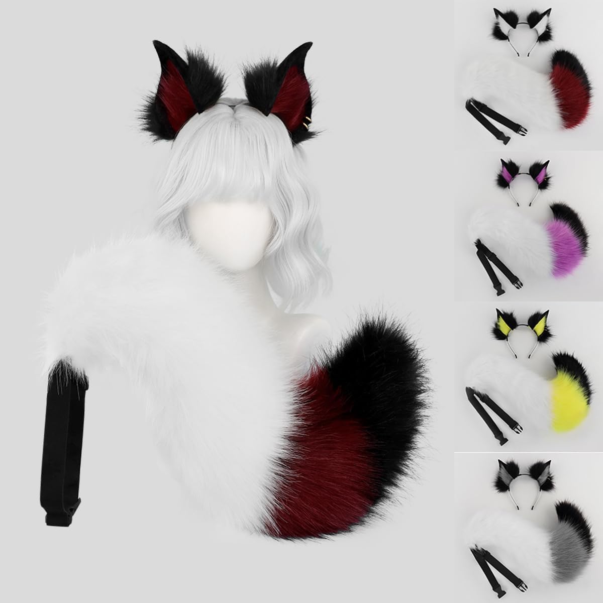 QinRuan Faux Fur Wolf Ears Headband Furry Dog Tail Set Animal Coustume Cospaly Halloween Party