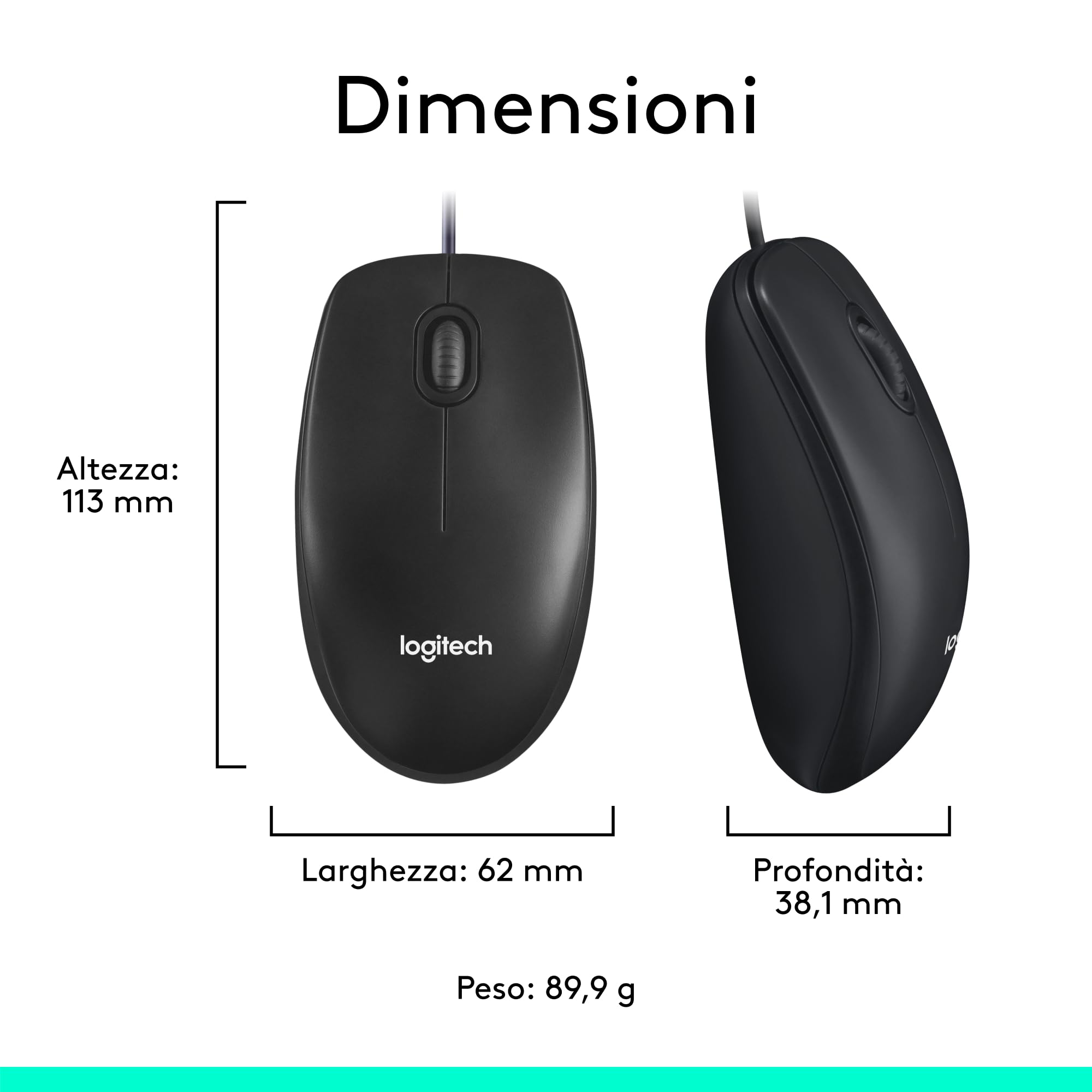 Logitech M100 Mouse USB con Cavo, 3 Pulsanti, Tracciamento Ottico 1000 DPI, Ambidestro, Compatibile con PC, Mac, Laptop, Nero