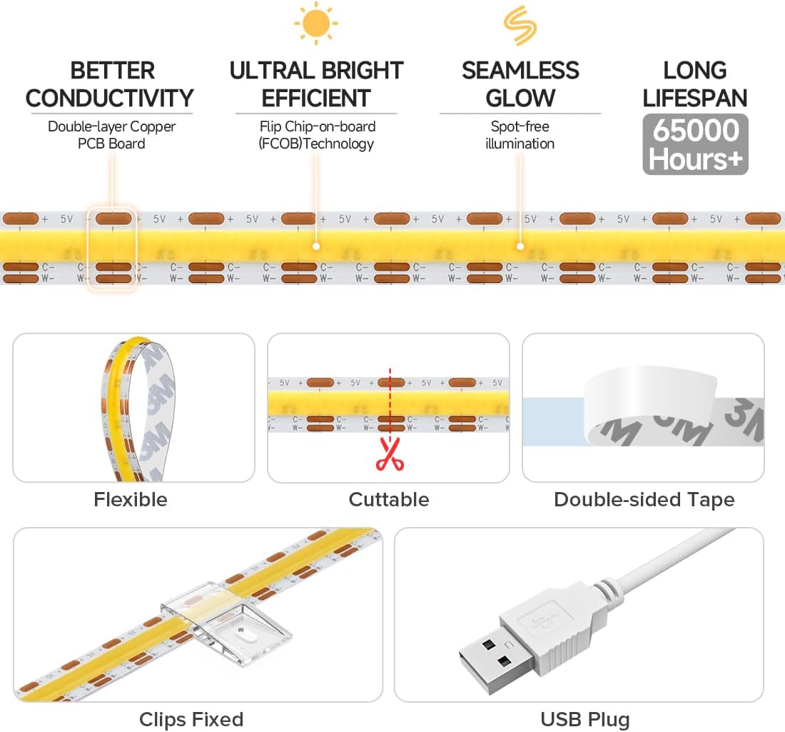 BTF-LIGHTING 5V USB COB LED Strip Lights Tunable CCT 2700K/4000K/6500K image 4