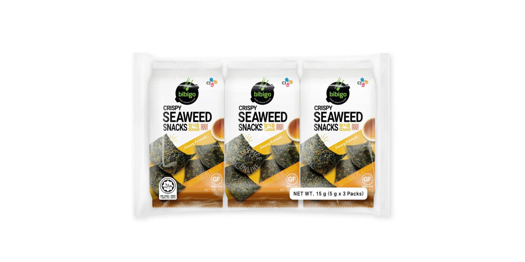 CJ Bibigo Crispy Seaweed Snacks - Sesame Flavour 5g (Pack of 3) dark green
