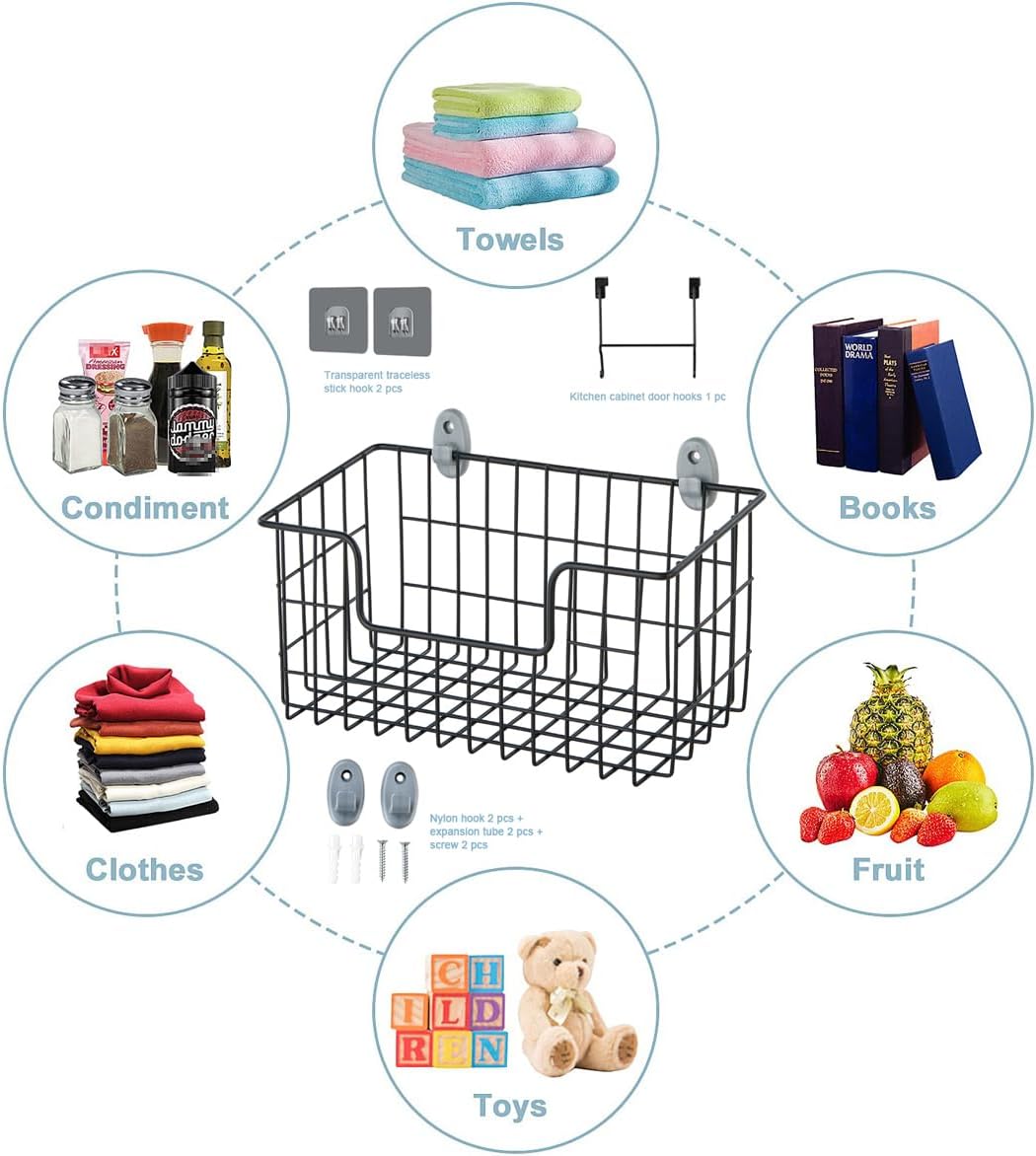 Wire Storage Basket 2 Packs, Wall Mounted Kitchen Bathroom, Hanging Cabinet Door Storage Basket, no Drilling, Supporting 2 Types of Hooks, Strong Bearing, Suitable for Home, Black