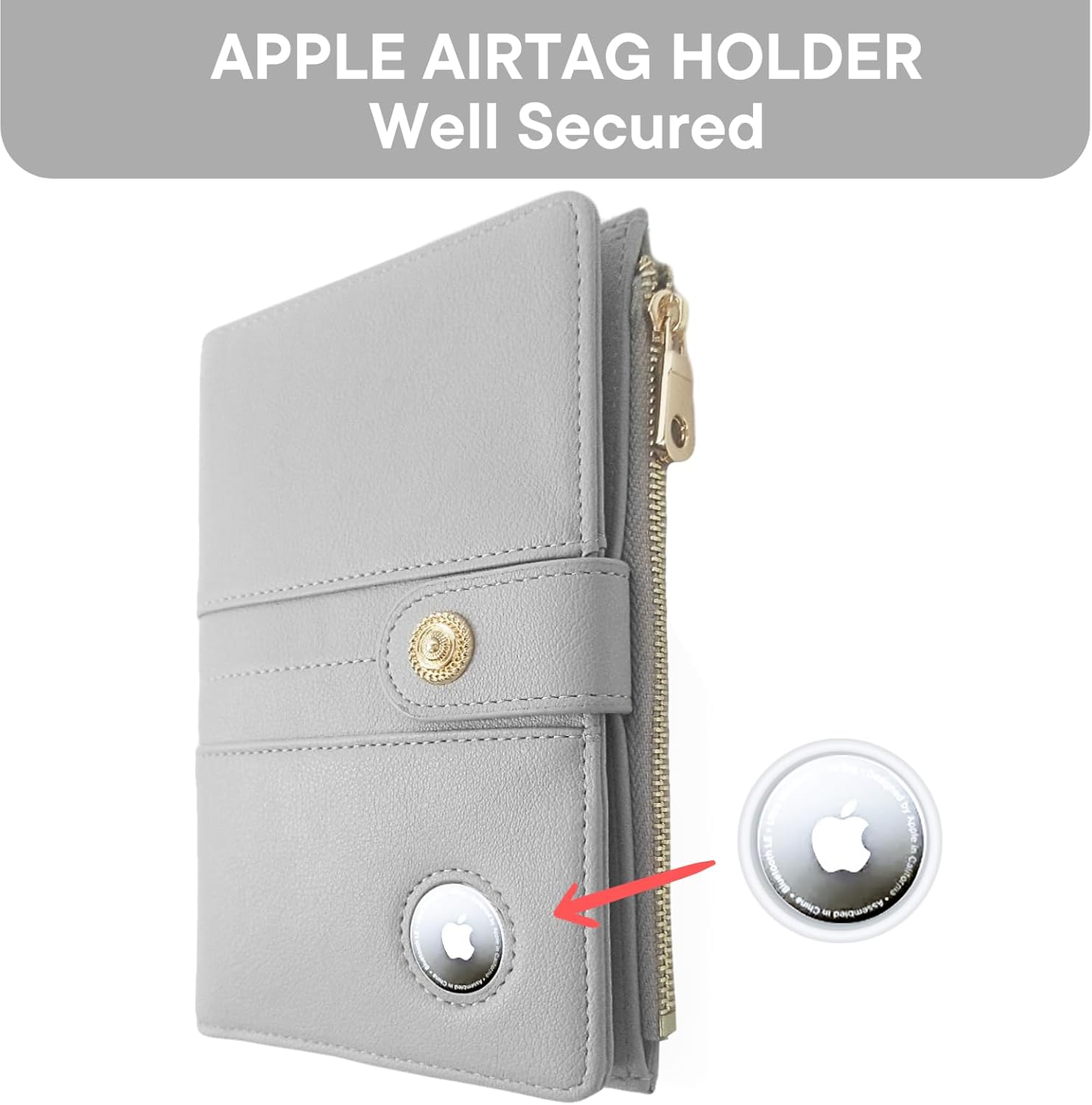 elzama Passport Holder with Airtag Slot for Travel Women, RFID Passport Wallet with Airtag Holder, Zipper Pocket Card Slots Pen Holder & Airtags Keychain (Air tag Not Included) Light Grey - Image 3