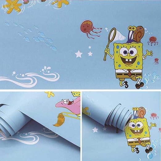 Amazon 壁紙 はがせる リメ ステッカー カッティング 壁のステッカーの自己接着壁紙星空の防水 ネイビーブルーブルースポンジボブ 45cm 10m 壁紙
