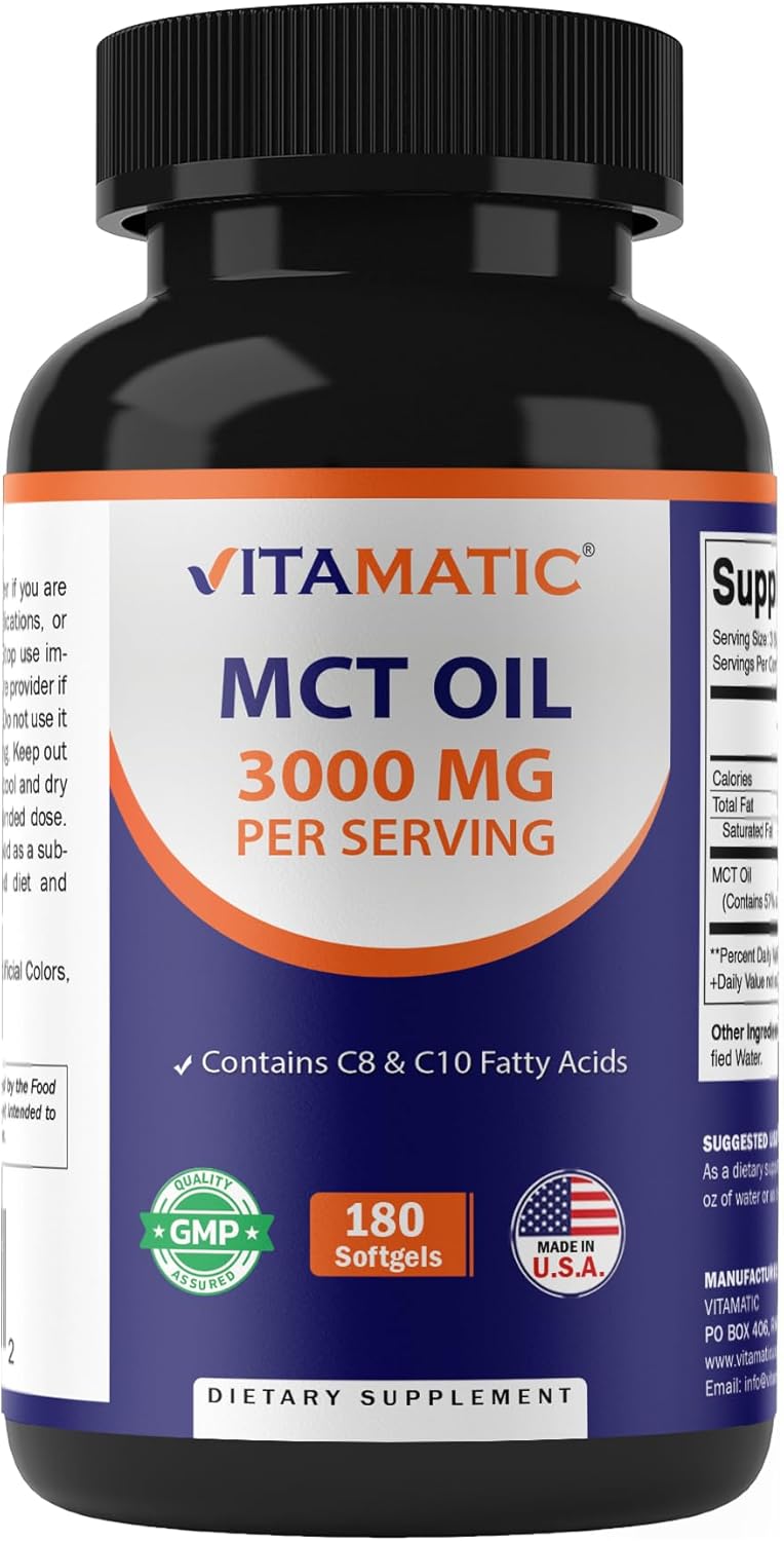 Vitamatic MCT Oil 3000 mg per Serving - 180 Softgels - from Coconut Oil - Contains 55% caprylic Acid C8 and 40% capric Acid C10