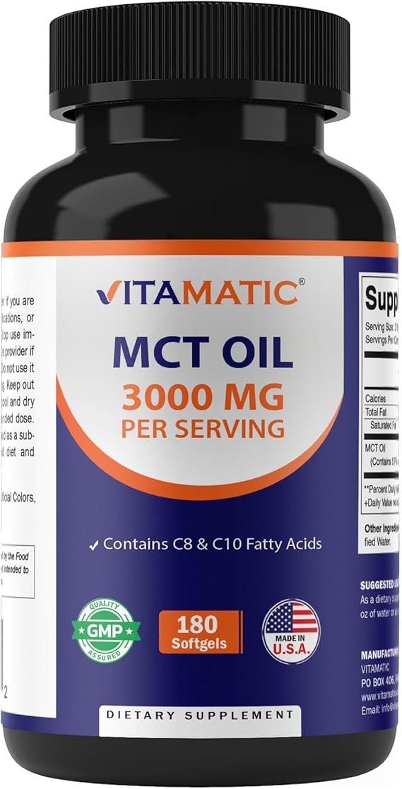 Vitamatic MCT Oil 3000 mg per Serving - 180 Softgels - from Coconut Oil - Contains 55% caprylic Acid C8 and 40% capric Acid C10