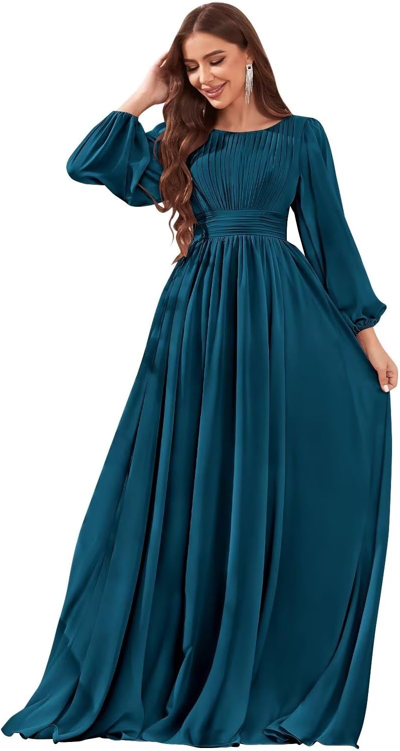 Long Sleeve Bridesmaid Dresses for Women 2025 Chiffon Ruched Modest Long Formal Evening Wedding Guest Dress