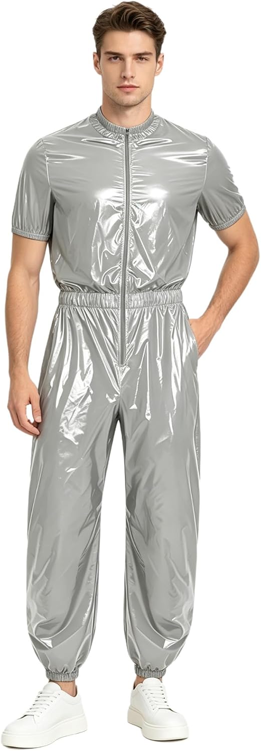 Yhong Men Plastic Romper with Pockets Zipper Front Unitard