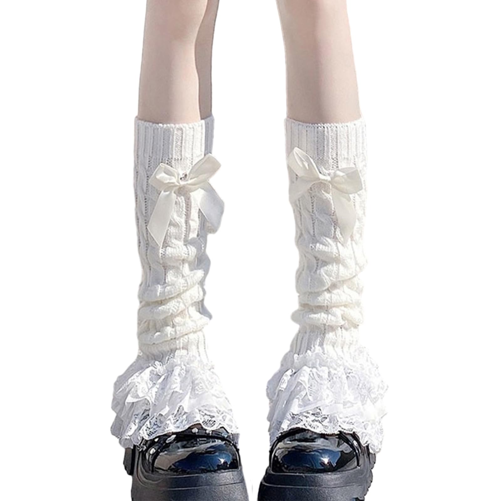 Nihenhao Women's White Japanese Twist Cable Knit Bowknot Leg Warmer Socks Princess Tiered Ruffled Lace Leg Stockings