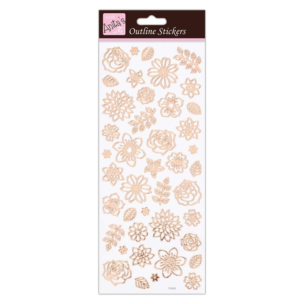 Anitas Outline Stickers, Flowers, Rose Gold On White, For Scrapbooking, Card Making, Kids Play, Homework, Art, Craft, Embelish, Decorative, Paper, Card, Glass, Metal, Plastic, Foam