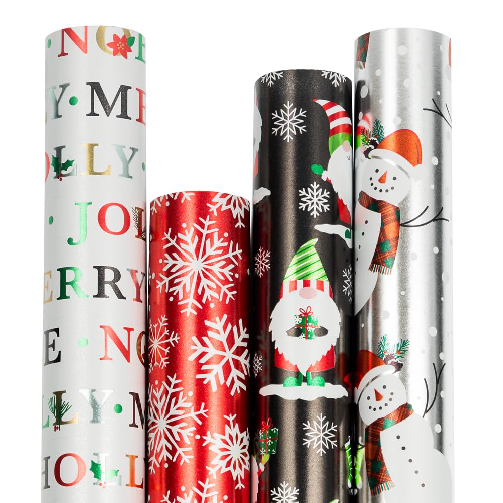 JAM Paper Geschenkpapier, Weihnachtsgeschenkpapier, 30 m² insgesamt, verschneite Feiertage, holografisches Set, 4 Rollen/Packung