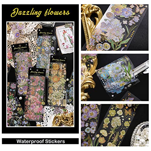 Vintage Flowers Stickers Set For Journaling - Maxleaf 12Sheets Clear Waterproof 3D Flowers Scrapbook Supplies Gold Foil Stickers Pack(Approximately 100Pcs) For Art Journaling Bullet Junk Journal Planners Diy Craft Kits Notebook Collage Album Aesthetic Picture Frames Love Letter Diary Phone Case Gift Decoration #TOP1