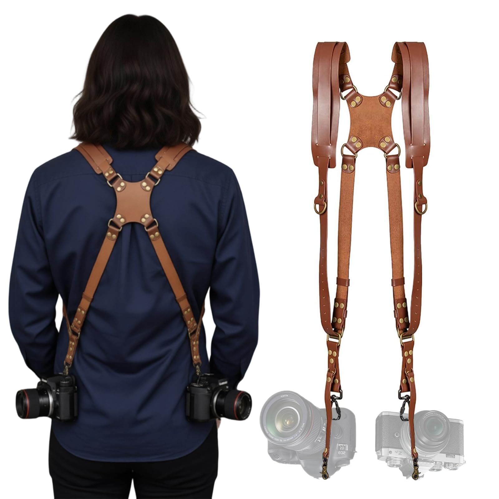 Imbracatura per fotocamera, doppia fotocamera per fotografi, tracolla in pelle per due fotocamere per DSLR/SLR