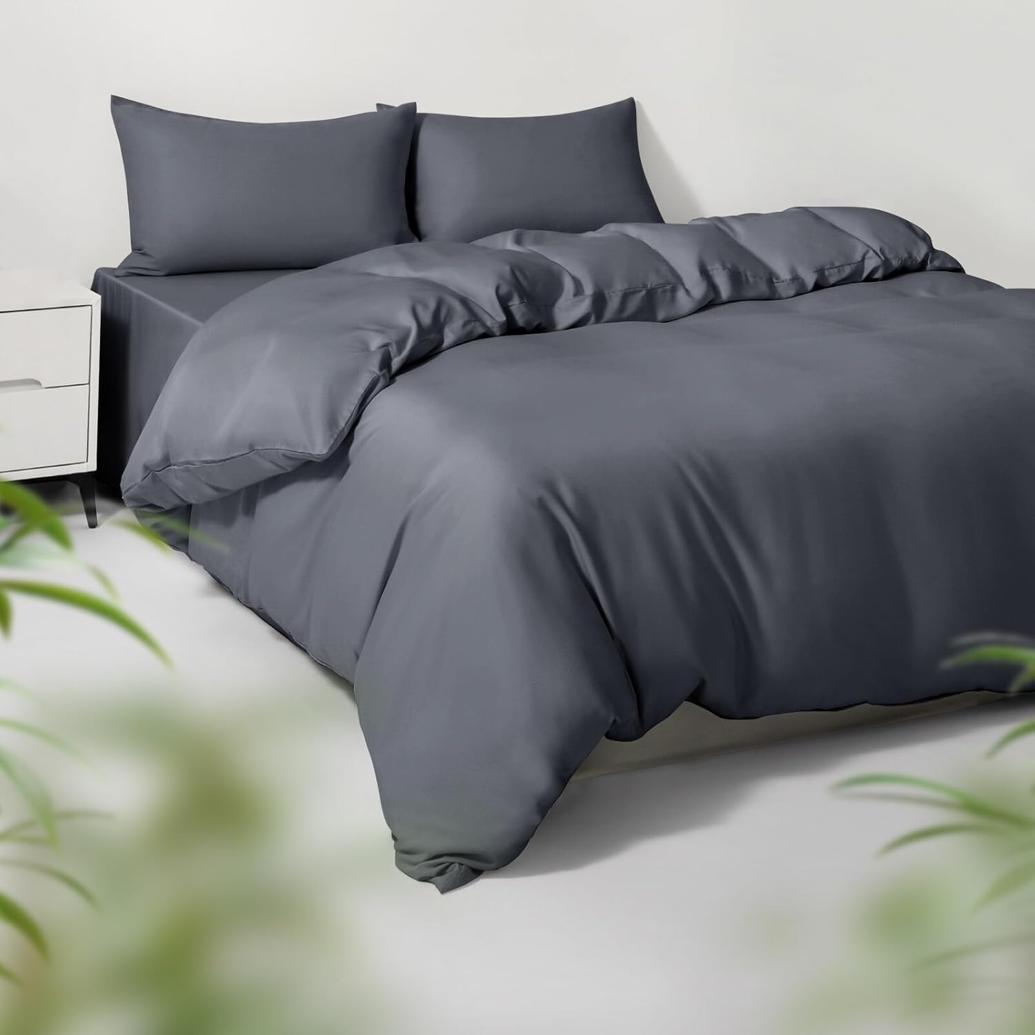 Tencel Duvet Cover Set, King/Cal King Size Cooling Duvet Cover for Hot Sleepers, 100% Eucalyptus Lyocell, 3 Pieces, 1 Zipper Closure Duvet Cover (106" x 90") and 2 Pillowcases (20" x 40") - Dark Grey