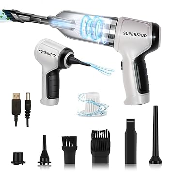 SUPERSTUD Car Vacuum Cleaner 2 in 1 with 3 Attachments & Blower | Cordless Handheld Vacuum Cleaner for Wet & Dry Cleaning for Home/Office/Car/Keyboard/Travel/Sofa/Office (RichGrey) (Grey) - image, photos