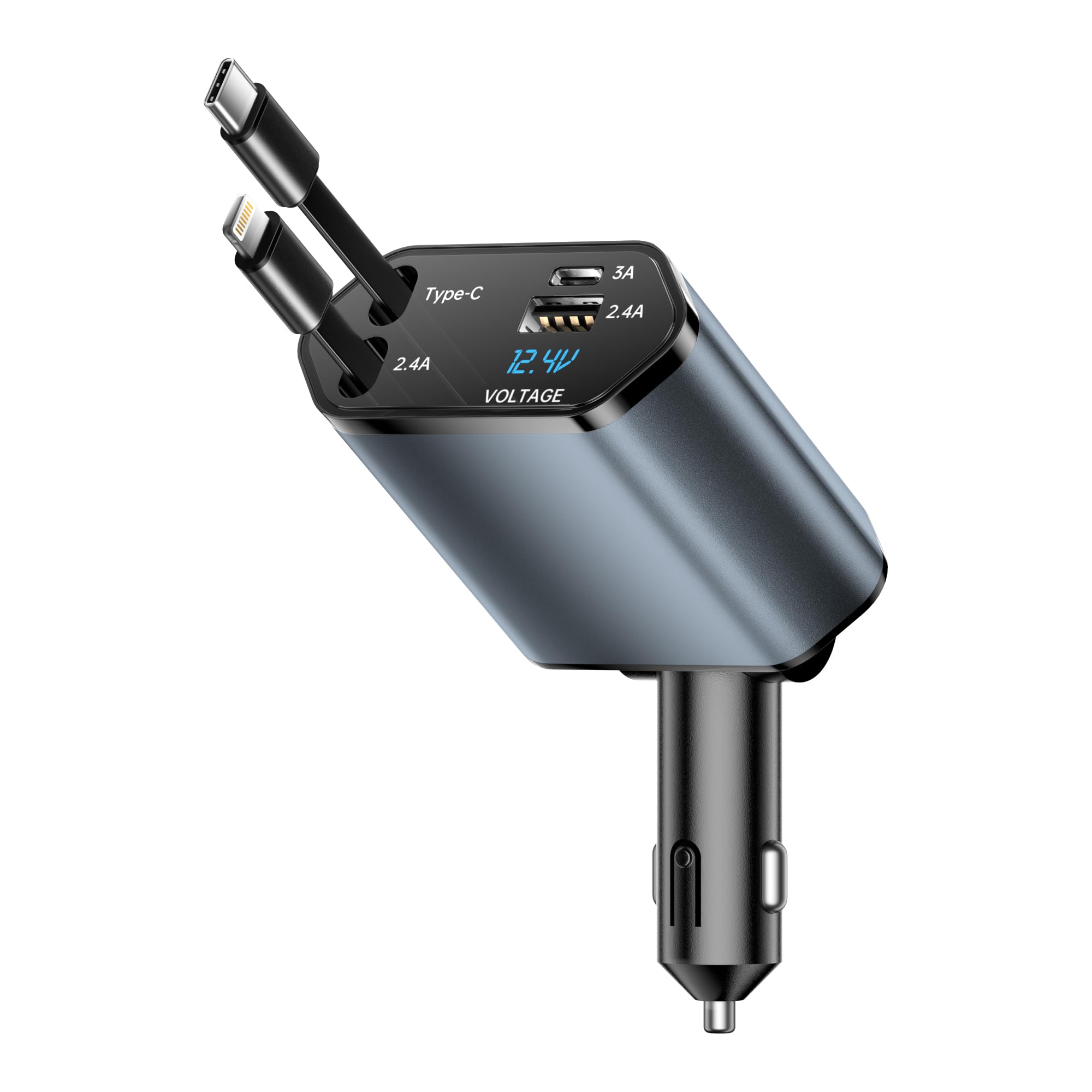 XIANGBIN120W Retractable Car Charger 4 in 1 Car Charger Adapter with Retractable Cables and Voltage DisplayWith USB/USB-C Ports Compatible with iPhone, Android, Samsung Galaxy
