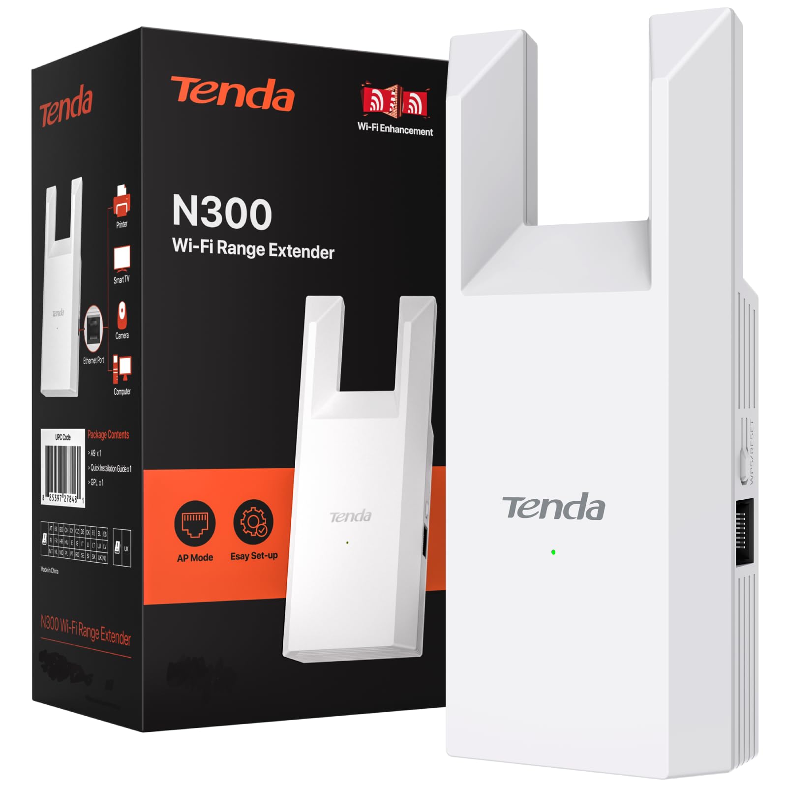 WiFi Extender N300, WiFi Extender Signal Booster, with Ethernet Port, Up to 800 Sq. Ft.,Single Band WiFi Booster, Repeater Mode&AP Mode,Easy Setup,2.4GHz,A10