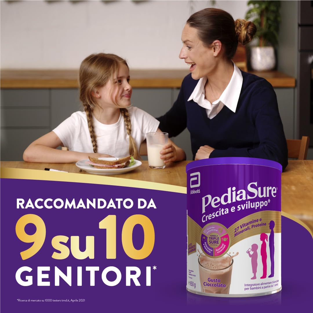 PEDIASURE Crescita e Sviluppo Integratore Alimentare per Bambini, Multivitaminico con 27 Vitamine e Minerali e Proteine, da un Anno in Su, Confezione 850g, Gusto Cioccolato