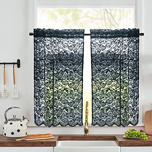 Aligogo Lot de 2 Rideaux Courts en Dentelle Noire, avec Passe-Tringle, Style élégant et Gothique pour Petite fenêtre de Cuisine, Chambre, Salle de Bain,...