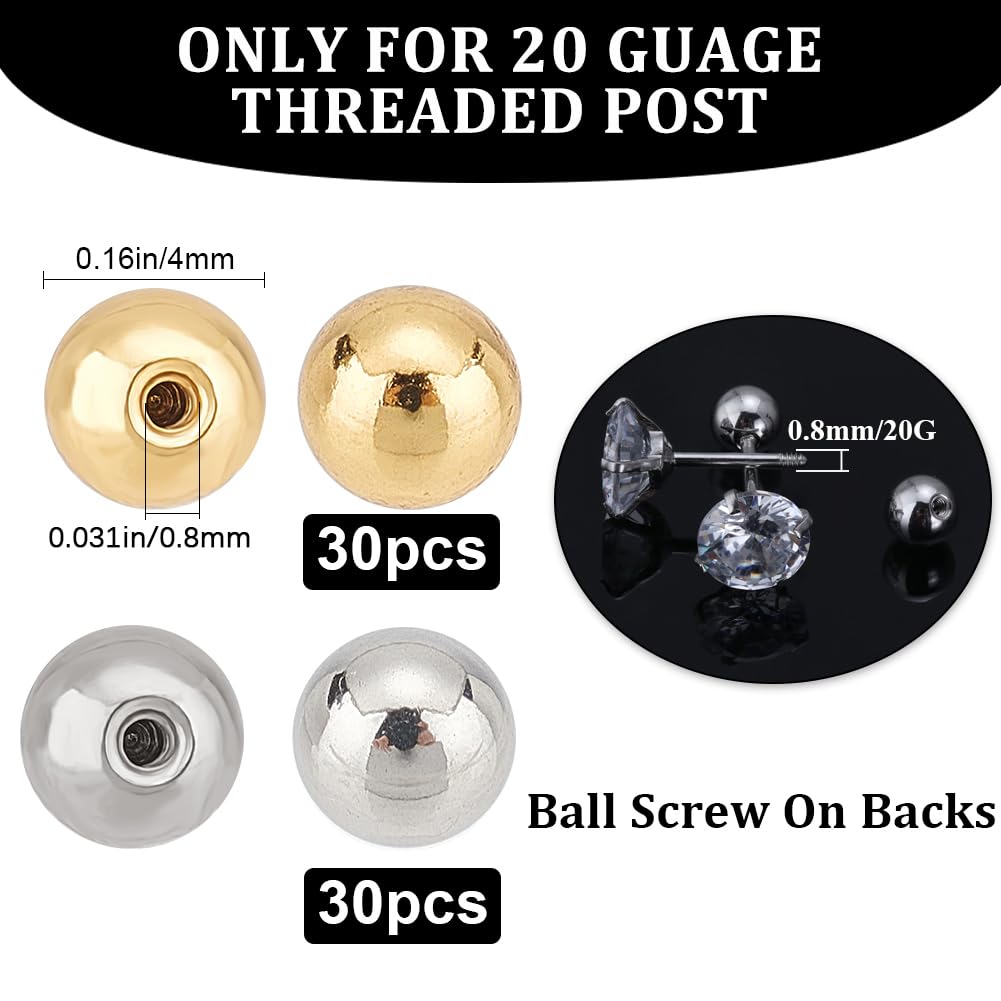 Beebeecraft 60 Écrous D'Oreille Or & Argent 304 Acier Inoxydable - Fermoirs Boucles D'Oreilles