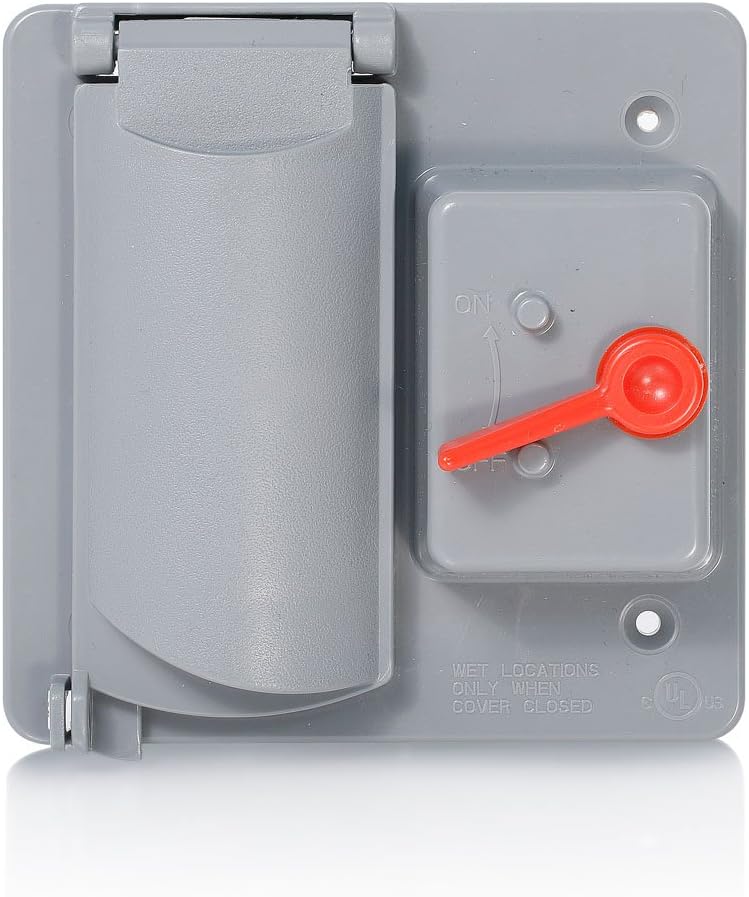 Leviton Cover, 2-Gang Switch and Duplex Receptacle, Vertical or Horizontal Mount, Metallic Enclosure, WM2SD-GY Outdoor Outlet Cover, Weatherproof, Gray