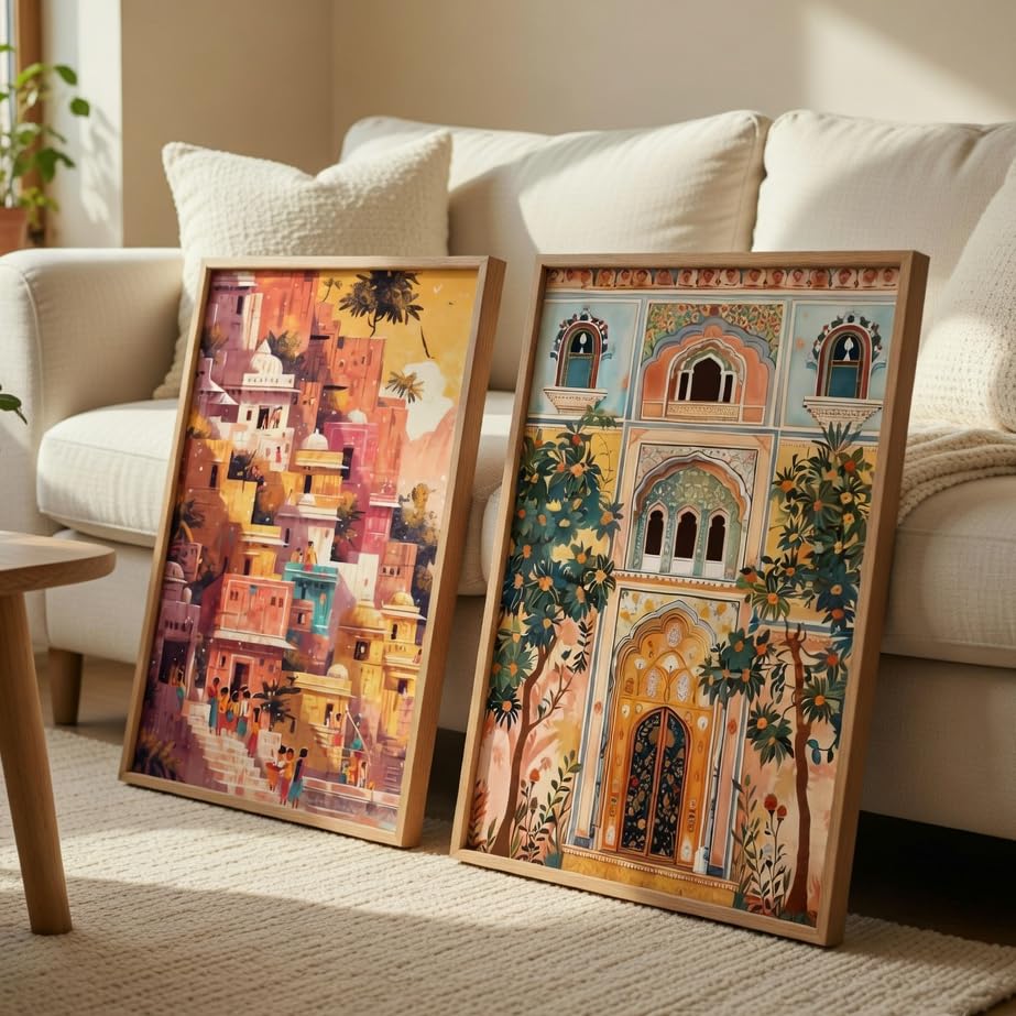 Image of Livin'luxe Indian Palace Architecture Wall Painting Set of 2 with Wooden Frames | Vintage Cityscape & Heritage Haveli Artwork HD Sparkle Laminated MDF Wall Decor for Living Room Bedroom Hallway