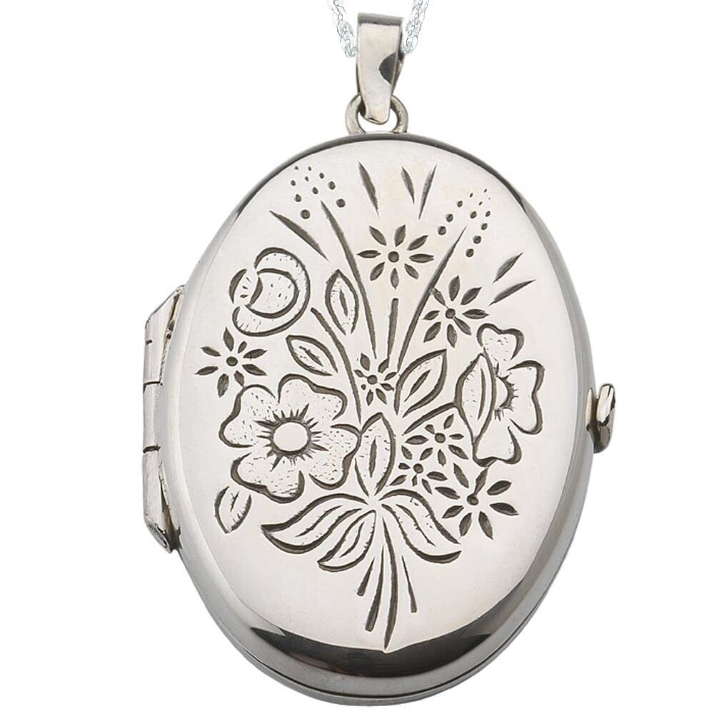 Collar Colgante Guardapelo de Plata De Ley para Mujer Oval con Flores - Incluye una Cadena de Plata de 45 cm y un Estuche para Regalo