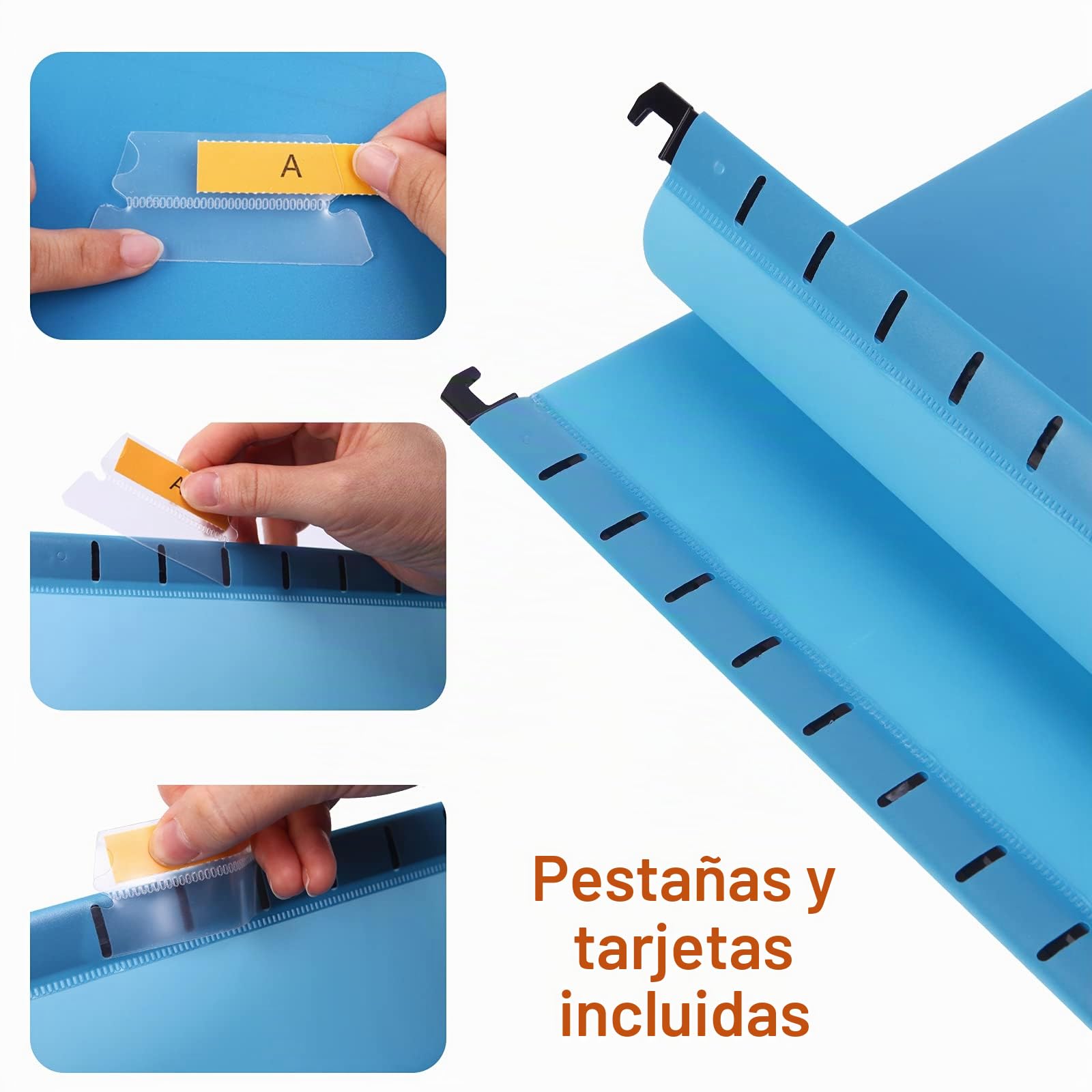 12 unidades Foolscap Grande Archivadores de suspensión con pestañas e insertos para tarjetas, Azul, Archivo Carpetas Colgantes Polipropileno, Medidas 41 x 25 x 37 cm