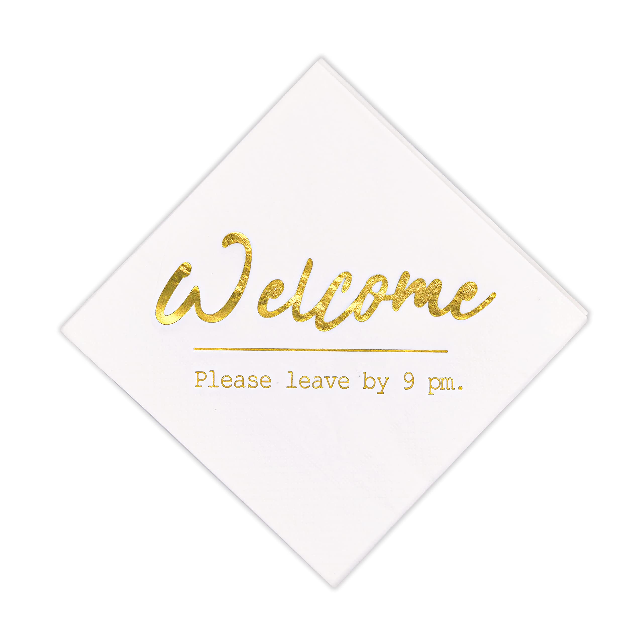 20 PCs Welcome Please Leave by 9PM Funny Cocktail Napkins - 6.5''×6.5'', Bachelorette, Bar, Gold Party Supplies