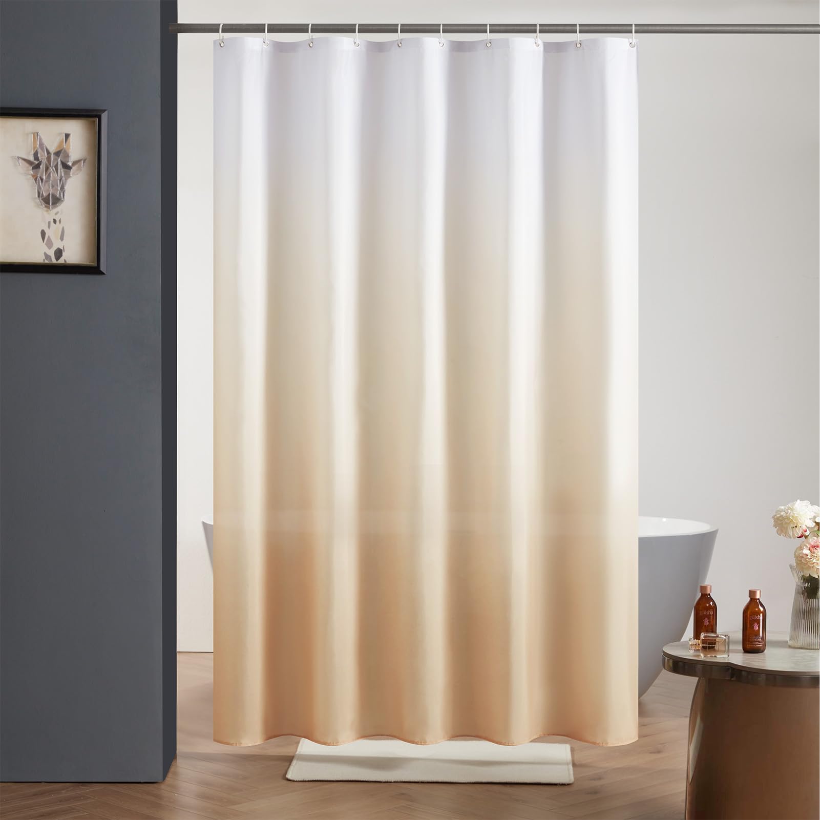 Furlinic Duschvorhang Textil Anti-schimmel Wasserdicht Waschbar Badvorhang aus Polyester Stoff Weiß nach Cremebraun Schmal 120x200cm mit 8 Duschvorhangringen.