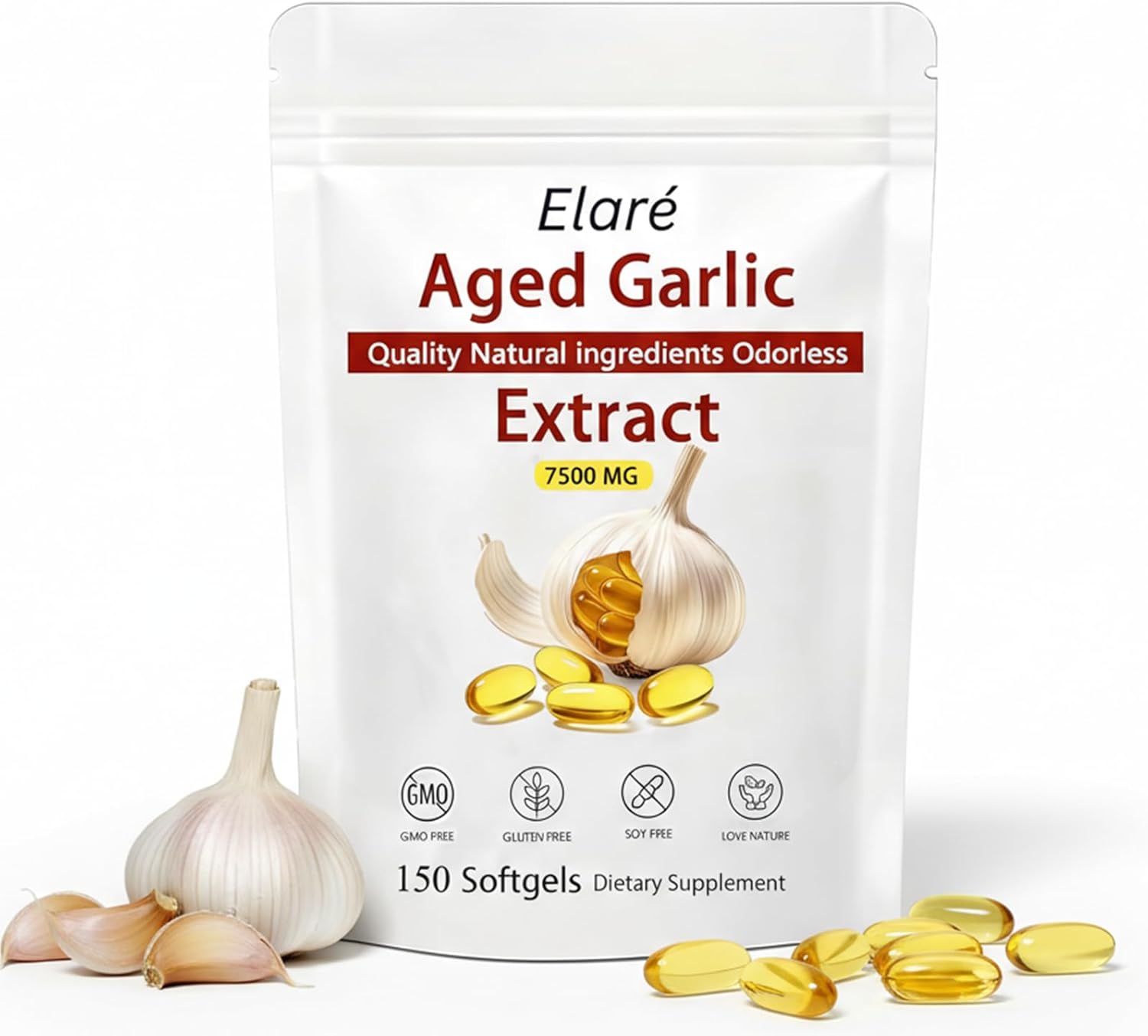 Elare Aged Garlic Extract - 7500mg Odorless, Organic Garlic Extract Capsules | Heart & Immune Antioxidant Supplements, Vegetarian, All-Natural, Non-GMO, 150 Softgels(1 PCS)