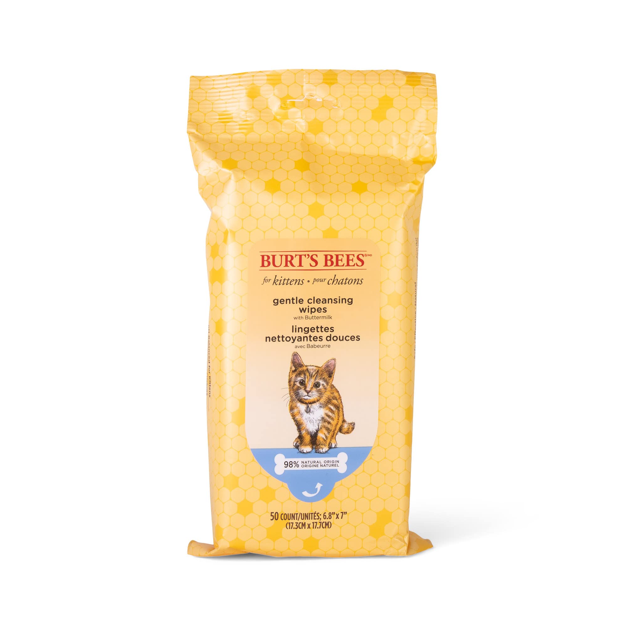 Burt's Bees for Pets Kitten Wipes with Buttermilk - Pet Wipes for Cats Waterless Bathing & Cleaning, Kitten Essentials for Indoor Kittens, Gentle Cat Grooming Wipe for Face, Paws & Butt, 50 Count