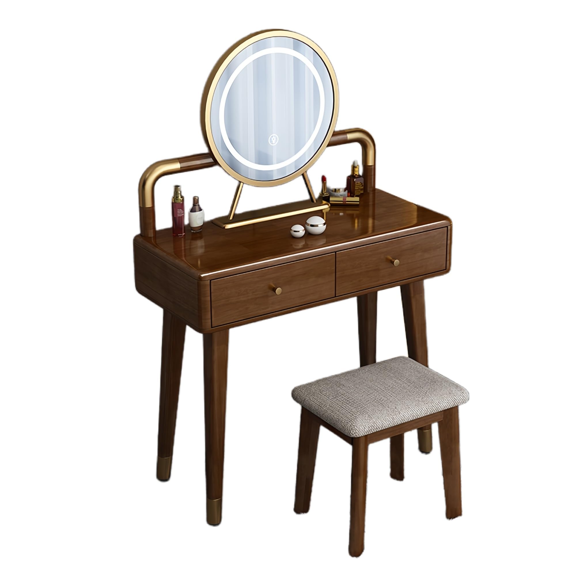 Meuble de maquillage à DEL avec miroir et chaise en bois d'hévéa, commode à double tiroir avec boîte de rangement, armoire mobile gauche/droite (finition noyer, 80 cm)