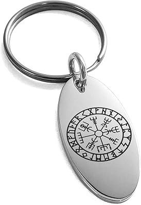 Tioneer Stainless Steel Icelandic Vegvisir Viking Rune Symbol Small Oval Charm Keychain Keyring