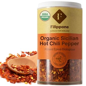 Filippone Organic Sicilian Chili Flakes, Shaker, 20 g 0.70 oz, Spicy Herb Seasoning, Fresh Grown in the Mountains of Sicily, Italian Pepperoncino, Sicilian Chili Pepper, Small Family Production, Certified USDA Organic